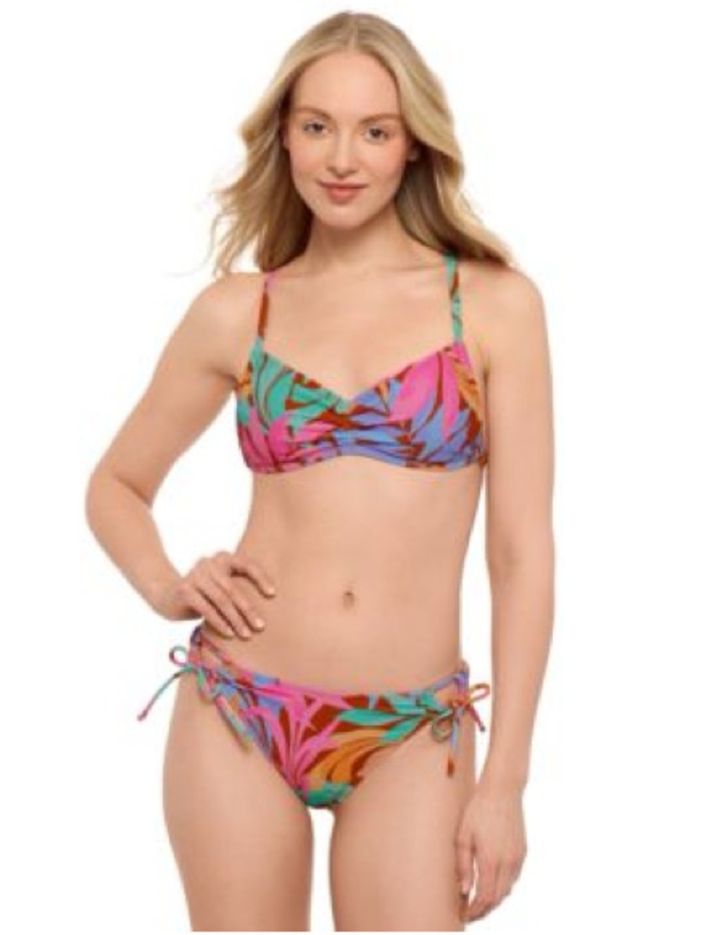 Salt + Cove Multicolor Tropical Leaf Bikini in Pink, Teal & Orange